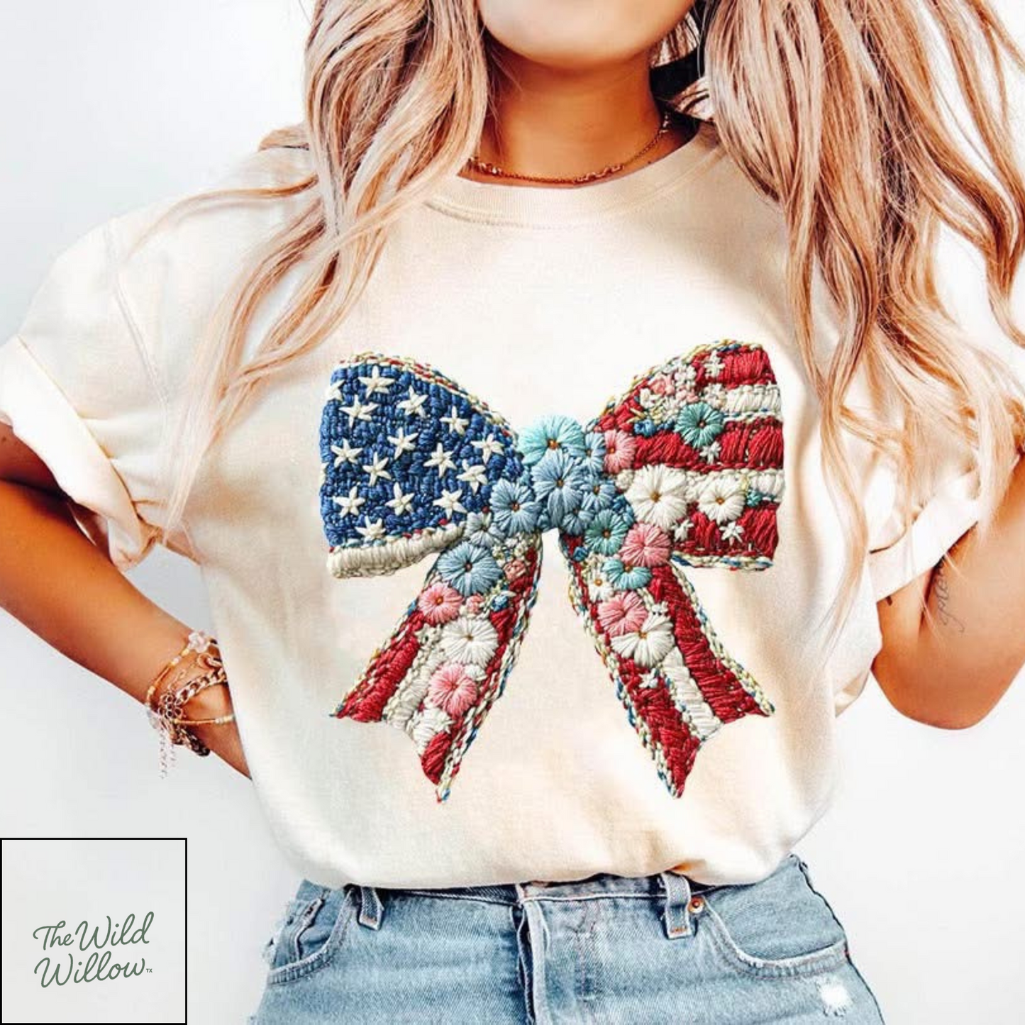 Faux Embroidered Flag Bow