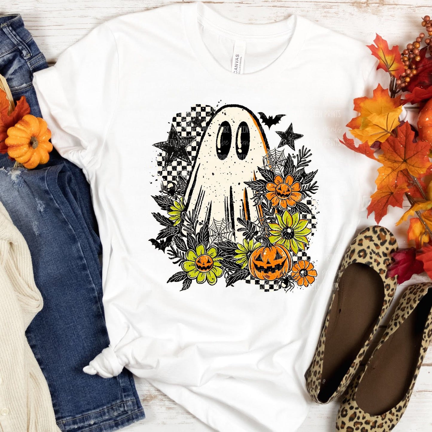 Retro Ghost with Stars & Pumpkins Graphic